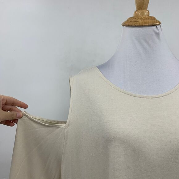 Chicos Top Womens 4 Beige Tunic Cold Shoulder Split Back Gold Dots Contrast Hem - Picture 2 of 16